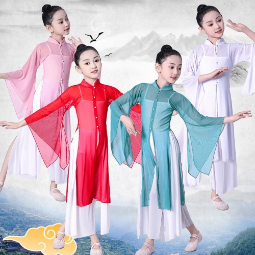 Children girls hanfu fairy dress chinese folk dance dress Rhyme princess classical dance Practice costumes Han Tang Dynasty Flowy wide-sleeved performance dresses